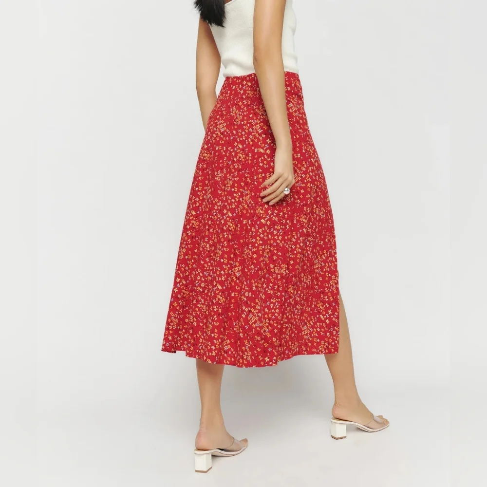 Reformation Zoe red floral print midi skirt